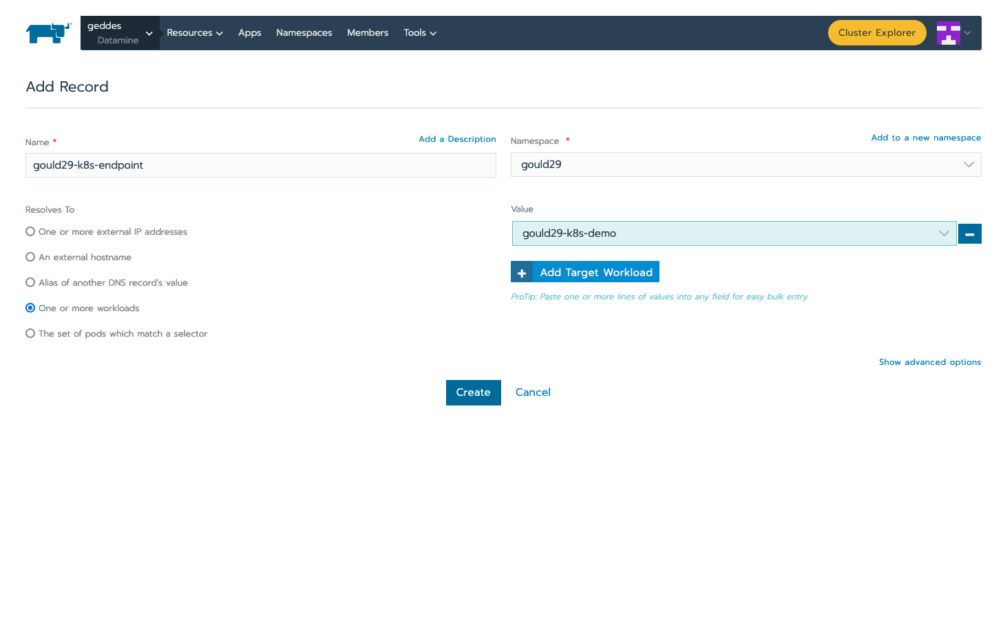 Example of the required config for the geddes endpoint record.